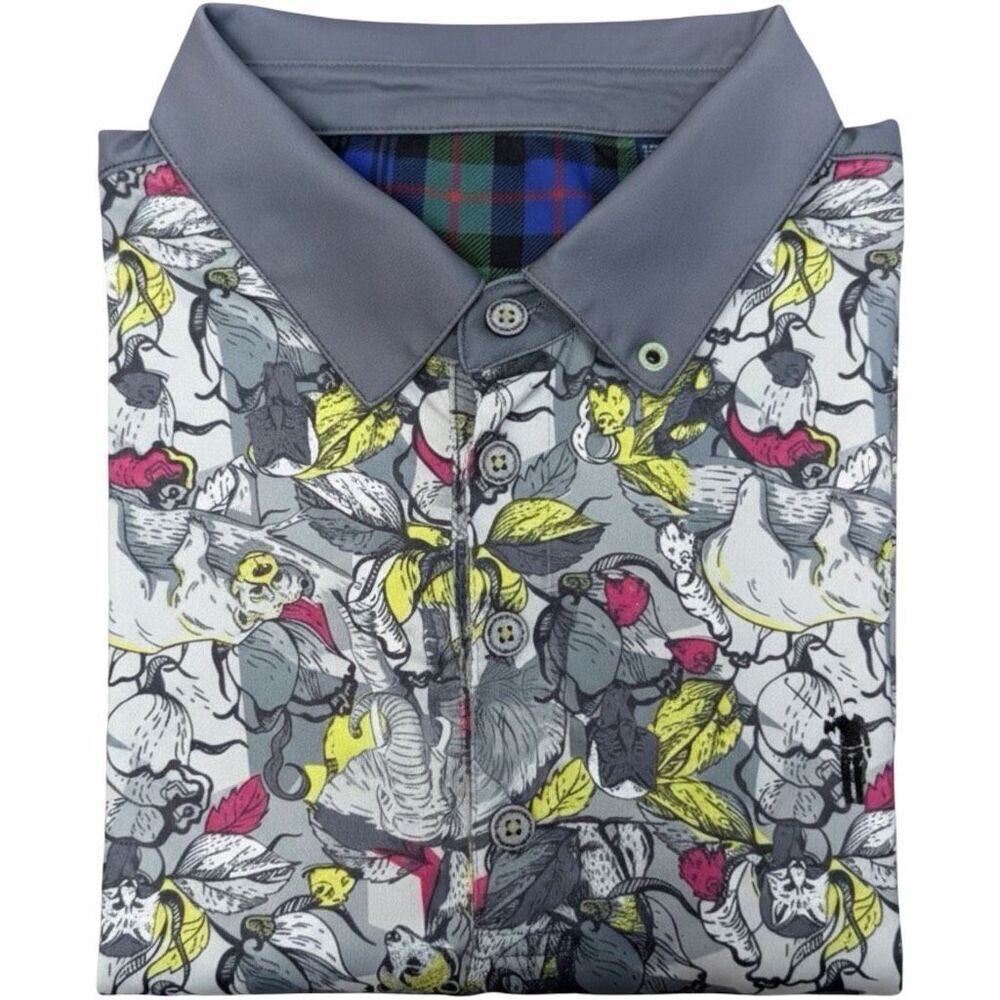 William Murray Golf Jungle Print Performance Polo Shirt Large Gray Multi